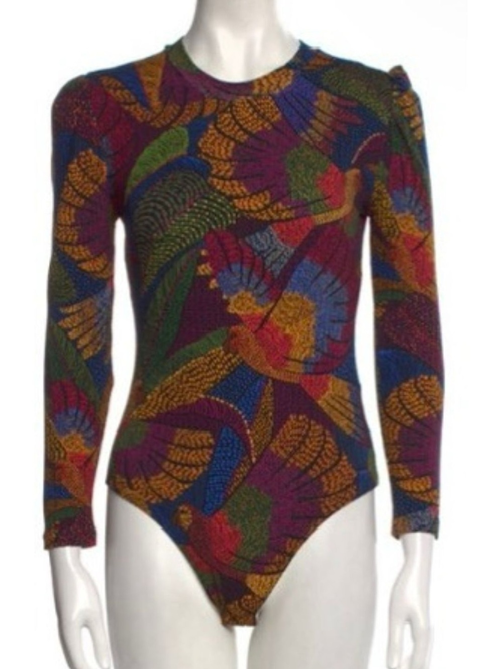 FARM Rio Multicolor Leaf-Print Long-Sleeve Bodysuit size XS